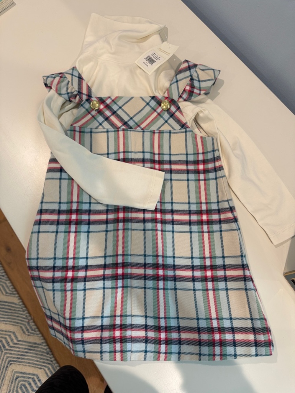The Beaufort Bonnet Company Cream Plaid Pinafore Dress with Ivory Top